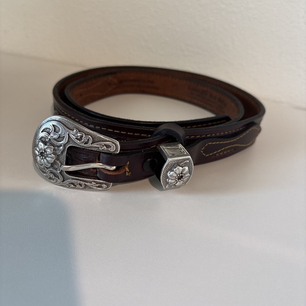 Vintage Leather The Real McCoy Women's Western Belt Silver Toned Flower Brown 46